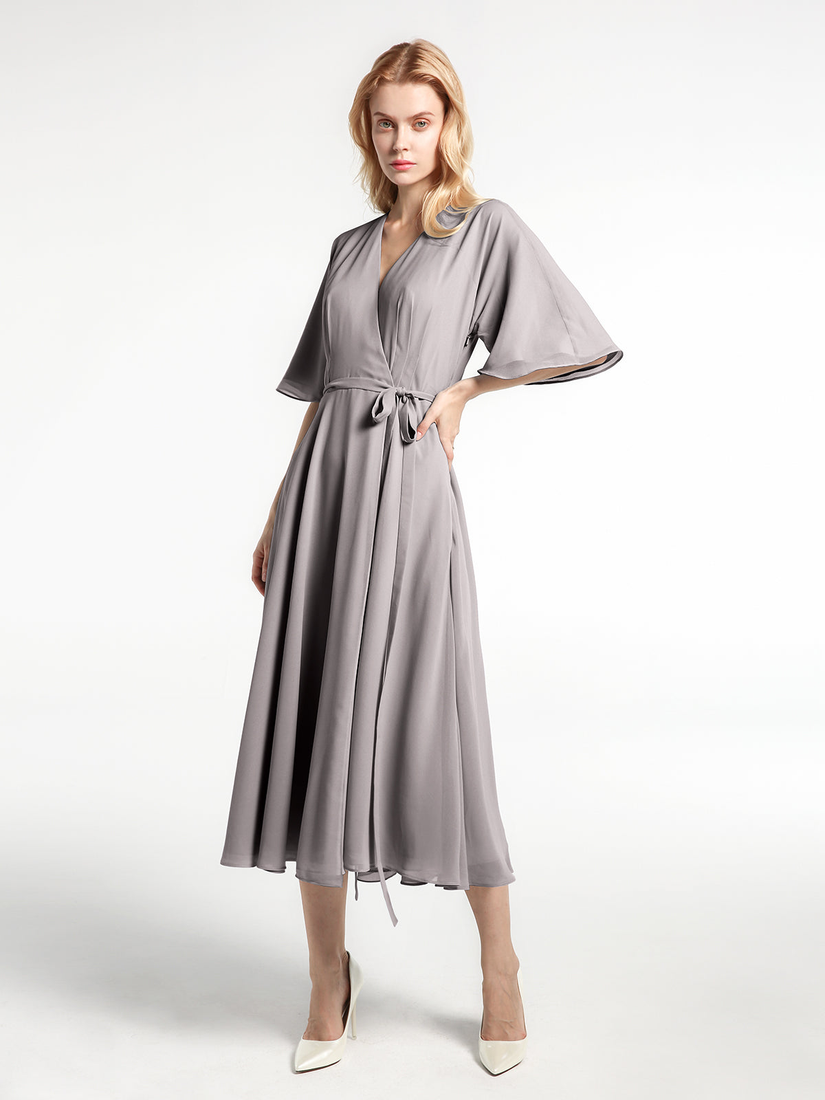 V-neck Long Sleeves Chiffon Tea-length Dress Lavender main image 1