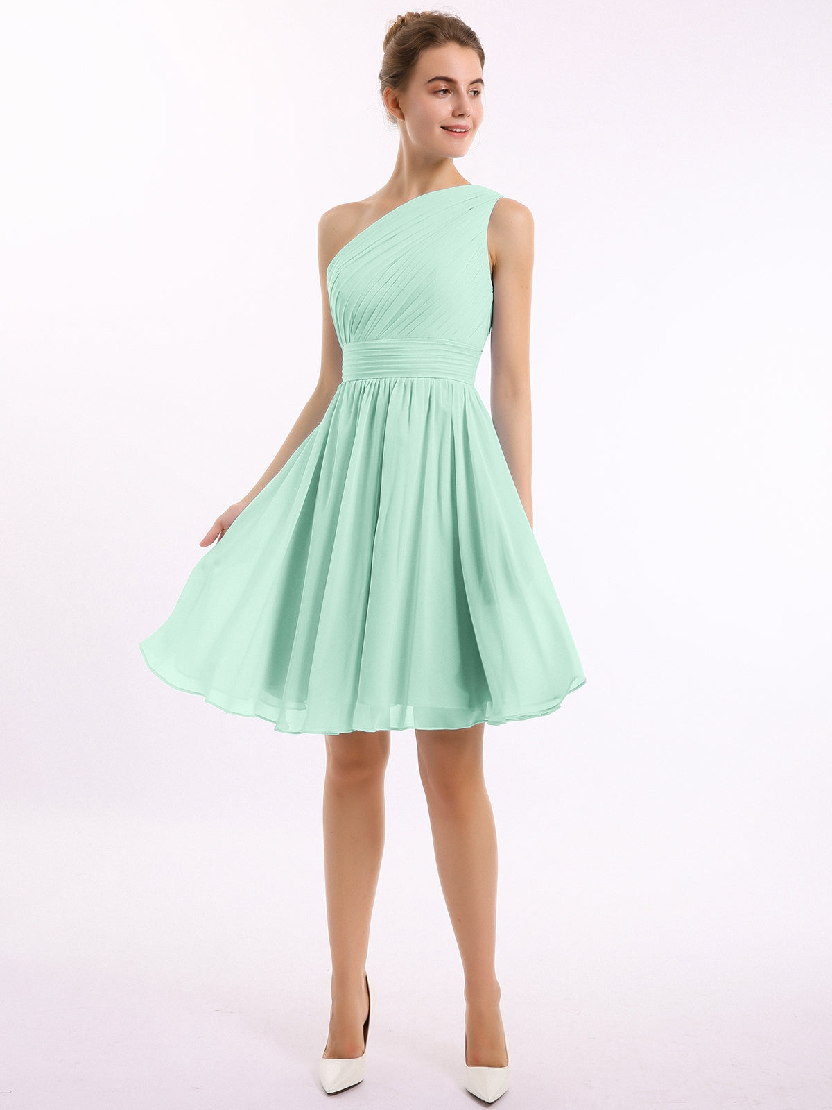 BABARONI Chiffon Mint Green Bridesmaid Dresses One Shoulder Knee-length  Sleeveless Ruched A-line