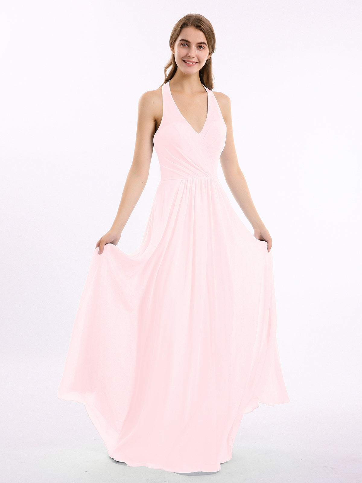 V Neckline Chiffon Dress with Bow Straps Blushing Pink Plus Size-Daphne ...