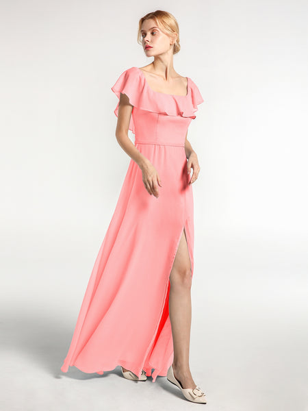 BABARONI Chiffon Flamingo Bridesmaid Dresses Square Floor-length Cap Sleeve with Slit A-line, Flamingo / US18