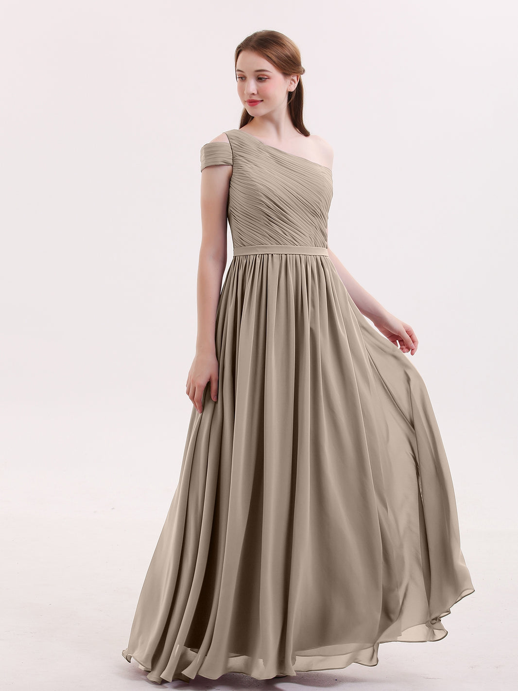 BABARONI One Shoulder Bridesmaid Gown with Sash-Taupe, Taupe / US0