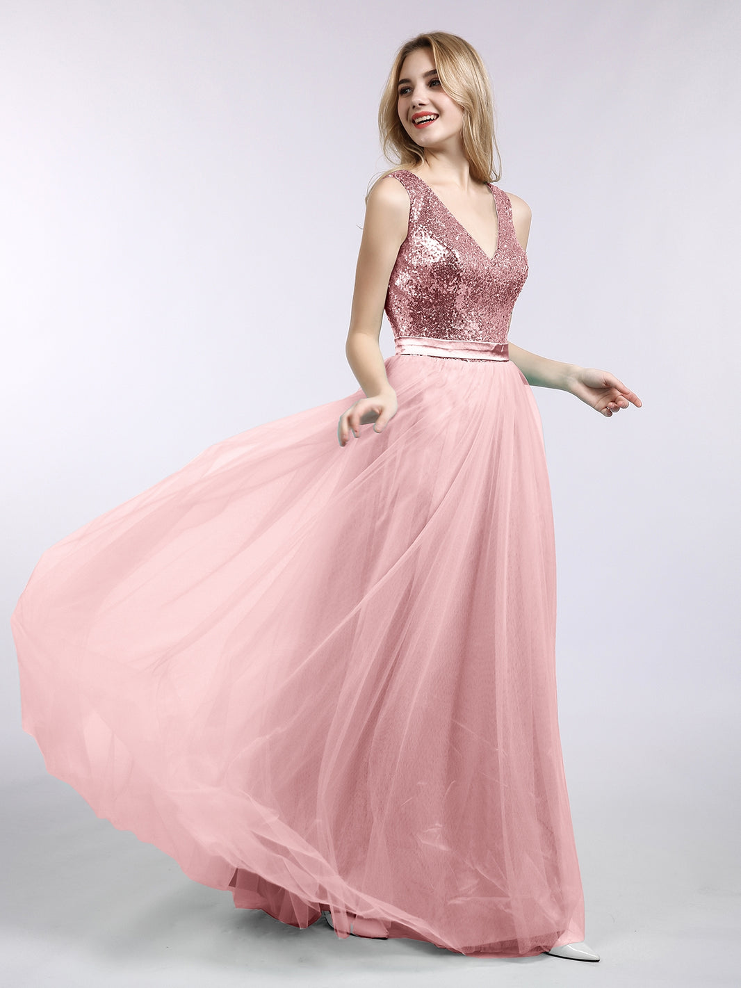 BABARONI Sequins and Tulle Long Dress with V-neck-Rose Gold Plus Size, Rose Gold / US18 BABARONI Sequins and Tulle Long Dress with V-neck-Rose Gold Plus Size, Rose Gold / US18