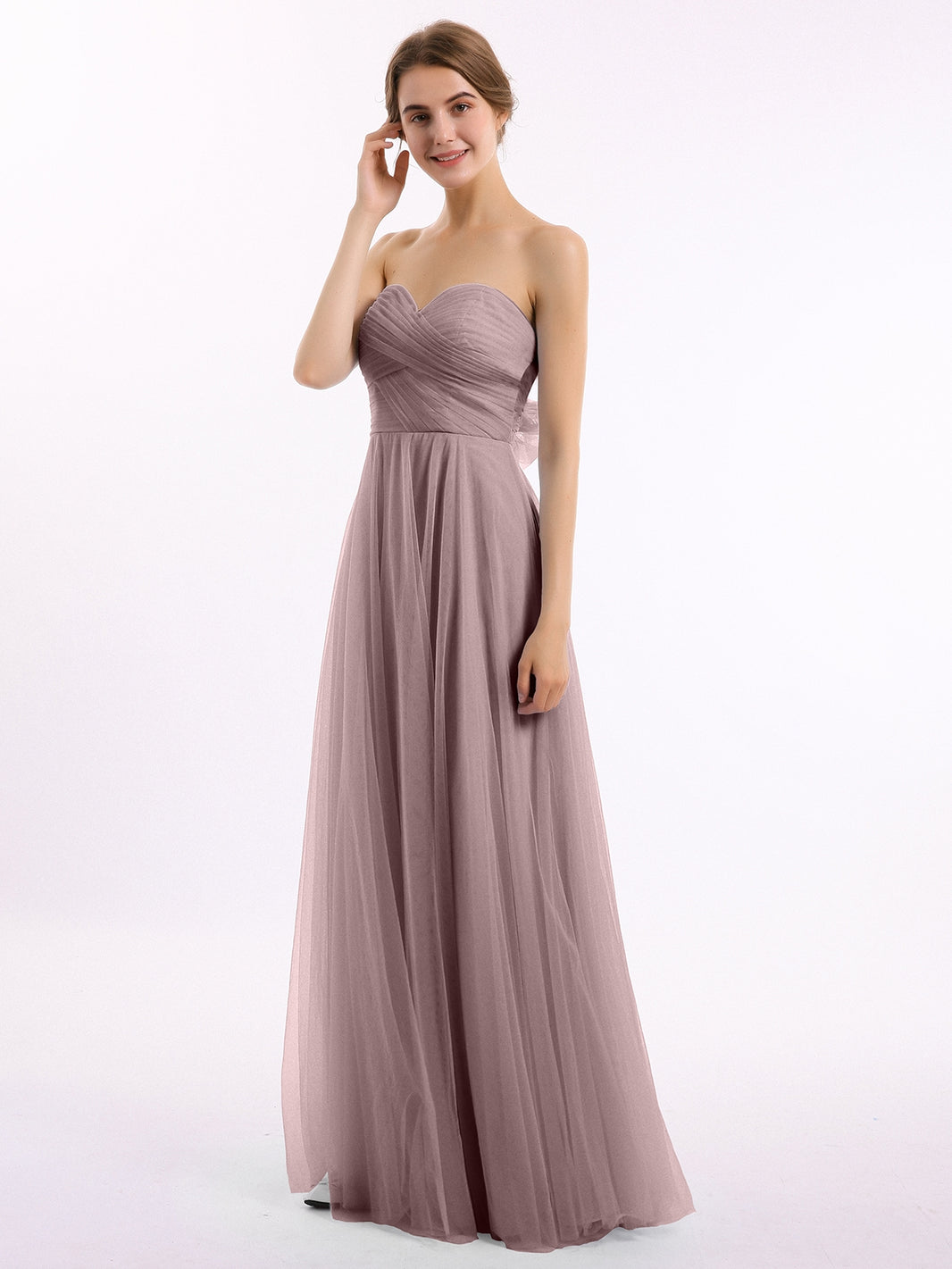 BABARONI Tulle Vintage Mauve Bridesmaid Dresses Sweetheart Floor-length  Backless Sleeveless Bow A-line