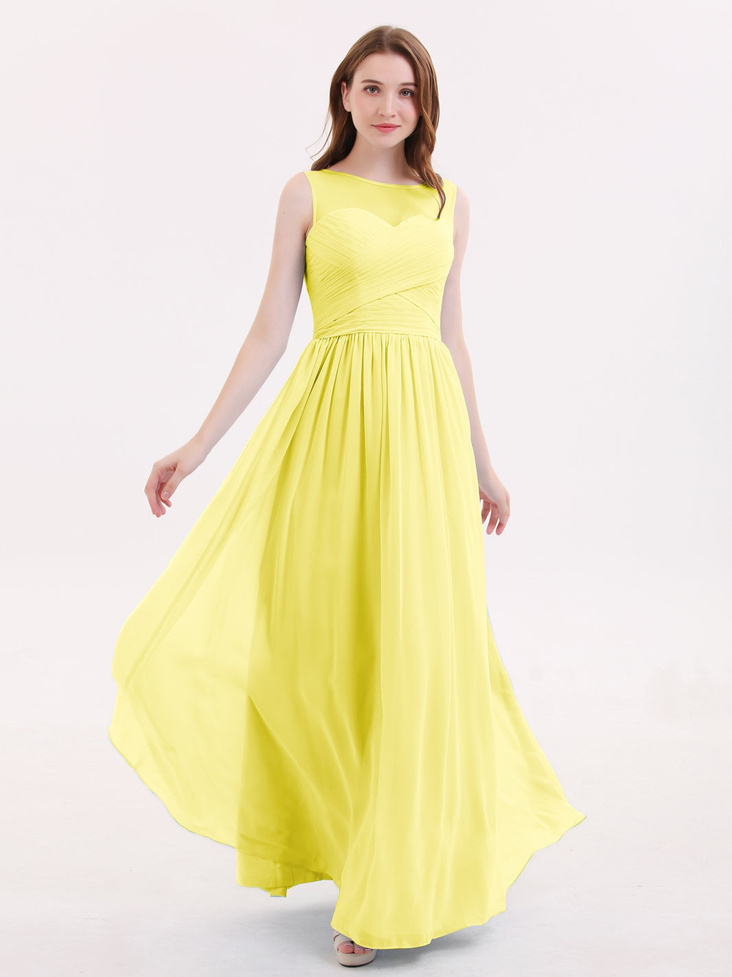 BABARONI Chiffon Lemon Bridesmaid Dresses Illusion Floor-length Sleeveless  Pleated A-line