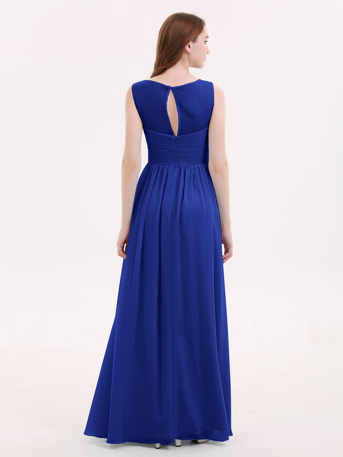 Long Chiffon Gowns with Illusion Neckline-Royal Blue-Melissa | BABARONI