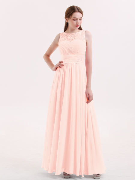 BABARONI Chiffon Pearl Pink Bridesmaid Dresses Illusion Floor-length  Sleeveless Pleated A-line