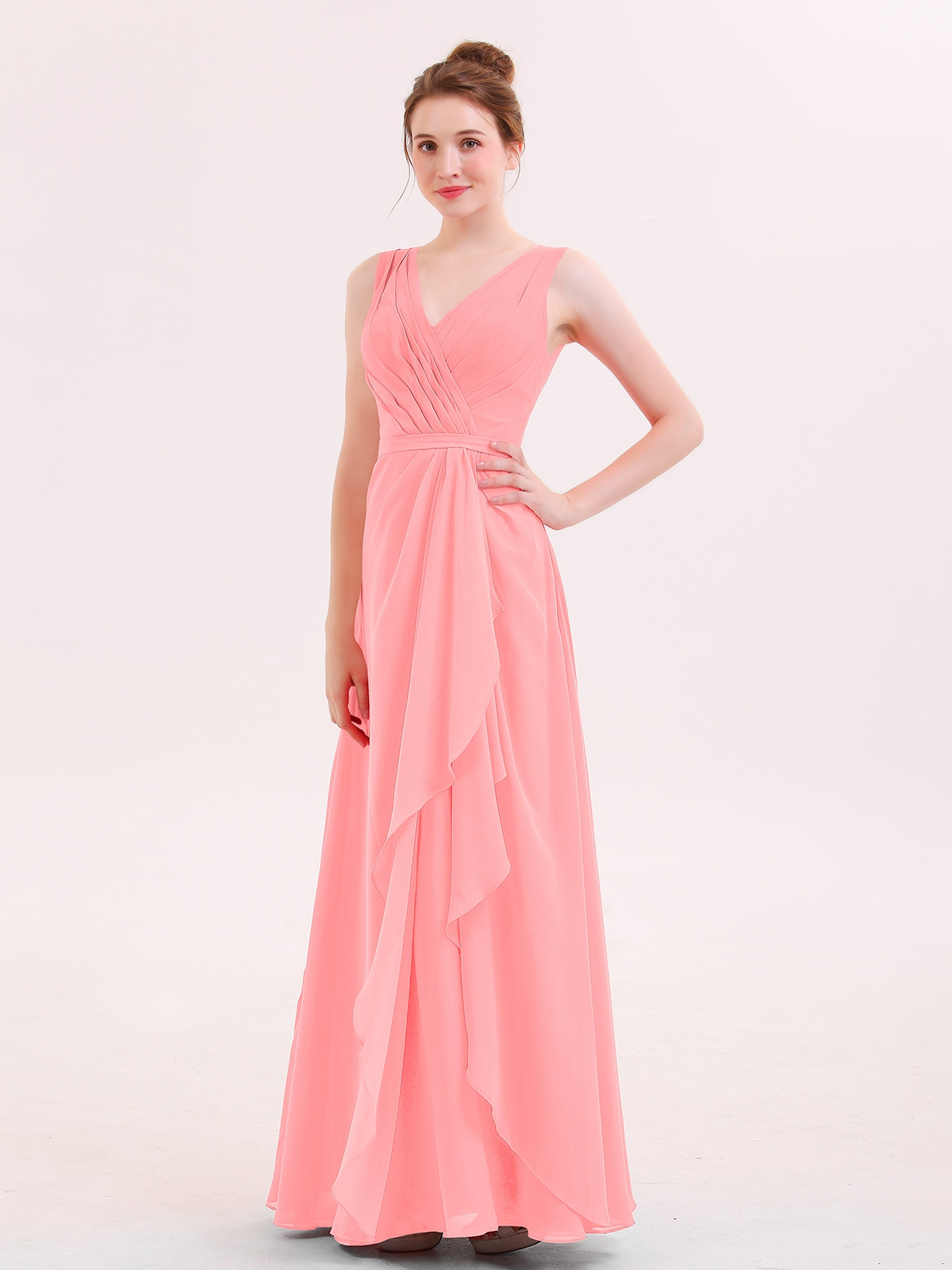 Rita V-neck Chiffon Bridesmaid Gown with Cascade Skirt Flamingo | BABARONI