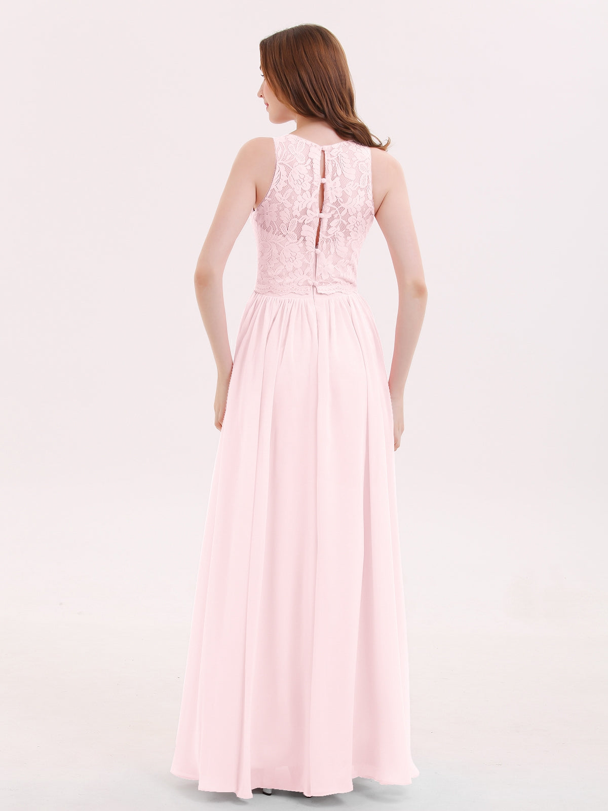 Illusion Neck Lace and Chiffon Long Gowns Blushing Pink Plus Size